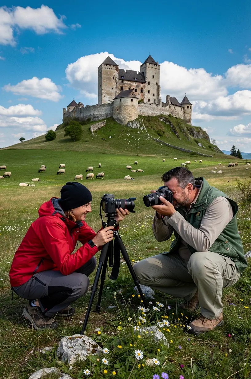Fotografická trasa vedúca cez malebnú dedinu s tradičnými drevenými domami a panorámou hôr v pozadí.